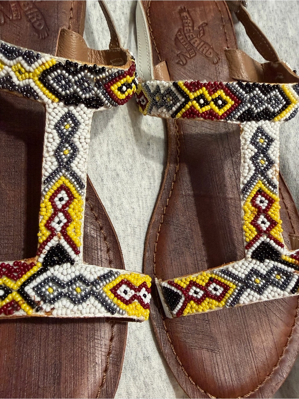 Freebird Beaded T-Strap Leather Sandals - Yellow/White/Black
